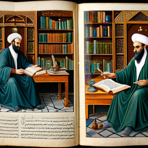 Home 11 Ibn Sina (Avicena) - Medical Illustration**
"A detailed illustration of Ibn Sina (Avicena) in his study, surrounded by medical texts and instruments. He is depicted as a wise and scholarly figure in appropriate, historical Persian attire, fully clothed. Background shows a library with ancient scrolls and medical herbs. Perfect anatomy, correct proportions, well-formed hands, proper finger count, natural pose, safe for work, appropriate content, professional, modest."
**