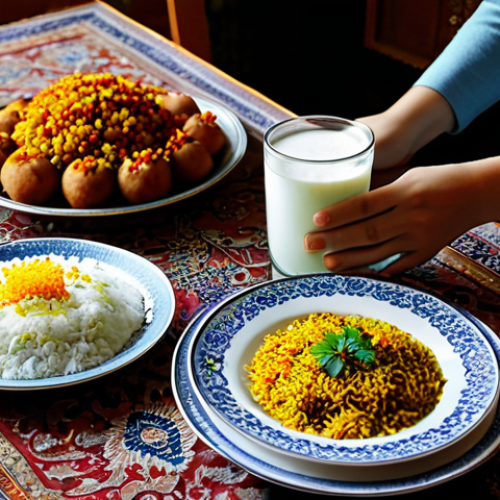 Home 6 Culinary Journey - Iranian Flavors**
"A beautifully arranged table setting showcasing *zereshk polo ba morgh*, a traditional Iranian dish. The rice is fluffy and golden, adorned with vibrant barberries. A glass of clear, refreshing doogh (yogurt drink) sits beside the plate. The scene is bathed in warm, natural light. Background: A cozy, inviting dining room with Persian carpets and subtle traditional decor. fully clothed individuals are shown enjoying the meal in a respectful manner. Safe for work, appropriate content, fully clothed, professional food photography, perfect anatomy, natural proportions, modest setting, family-friendly."
**