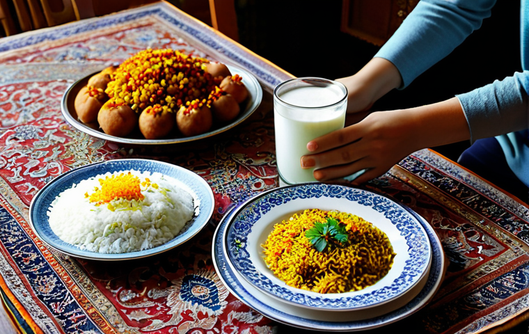Culinary Journey - Iranian Flavors**

"A beautifully arranged table setting showcasing *zereshk polo ba morgh*, a traditional Iranian dish. The rice is fluffy and golden, adorned with vibrant barberries. A glass of clear, refreshing doogh (yogurt drink) sits beside the plate. The scene is bathed in warm, natural light. Background: A cozy, inviting dining room with Persian carpets and subtle traditional decor. fully clothed individuals are shown enjoying the meal in a respectful manner. Safe for work, appropriate content, fully clothed, professional food photography, perfect anatomy, natural proportions, modest setting, family-friendly."

**