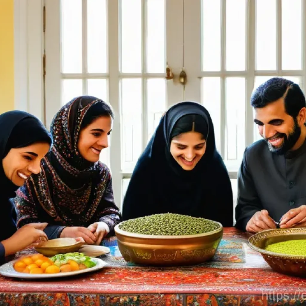 이란 전통 의식 - **Prompt 1: Nowruz Haft-Seen Table of Renewal**
    A vibrant, sunlit image of an Iranian family gat...