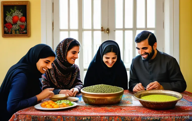 이란 전통 의식 - **Prompt 1: Nowruz Haft-Seen Table of Renewal**
    A vibrant, sunlit image of an Iranian family gat...