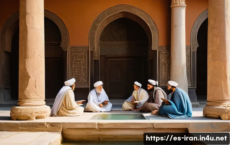 이란의 고등교육 역사 - **Prompt:** "A majestic ancient Persian academy in a sunlit courtyard, bustling with young students ...