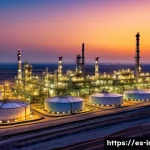 이란의 석유 산업 - A detailed panoramic view of a modern Iranian oil refinery complex at sunset, showcasing advanced au...