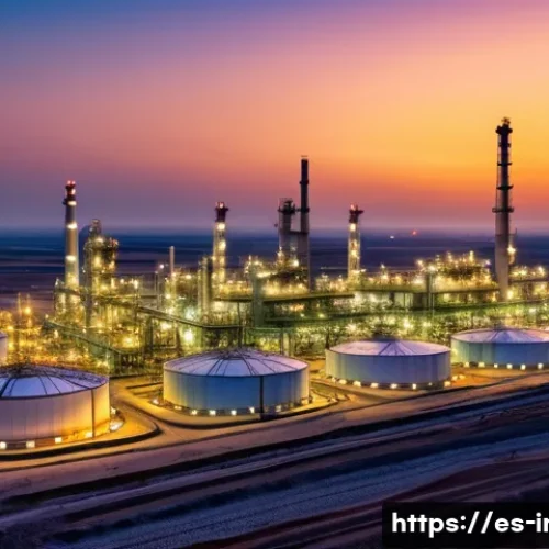 이란의 석유 산업 - A detailed panoramic view of a modern Iranian oil refinery complex at sunset, showcasing advanced au...