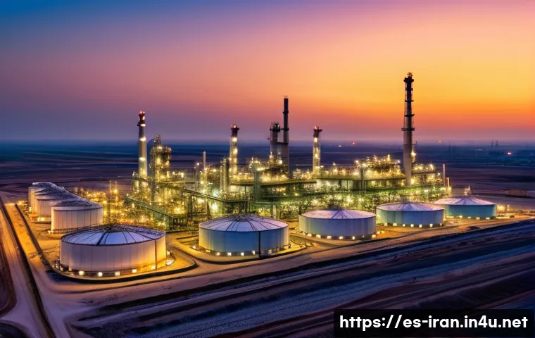 이란의 석유 산업 - A detailed panoramic view of a modern Iranian oil refinery complex at sunset, showcasing advanced au...
