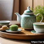 이란 자스민 차 - A serene and elegant tea ceremony scene set in a traditional Iranian-style room with intricate geome...