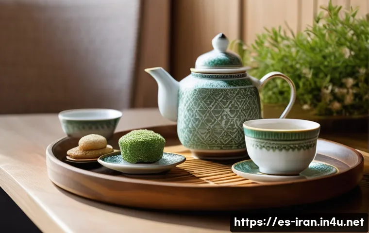 이란 자스민 차 - A serene and elegant tea ceremony scene set in a traditional Iranian-style room with intricate geome...