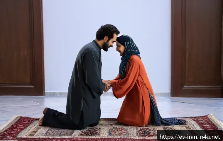 이란 문화와 예절 - A respectful Iranian greeting scene in a traditional setting, showing a man slightly bowing his head...