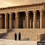 이란의 아케메네스 왕조 유적 - A grand architectural scene of Persepolis at sunrise, showcasing its monumental terraces, majestic s...
