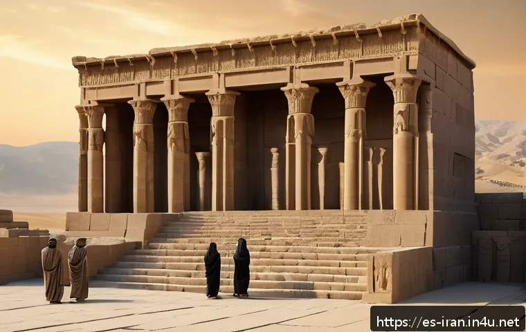 이란의 아케메네스 왕조 유적 - A grand architectural scene of Persepolis at sunrise, showcasing its monumental terraces, majestic s...