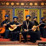 이란 전통 음악과 춤 - A captivating scene of an Iranian traditional music performance featuring musicians playing santur, ...