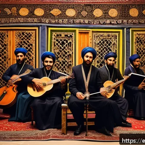 이란 전통 음악과 춤 - A captivating scene of an Iranian traditional music performance featuring musicians playing santur, ...