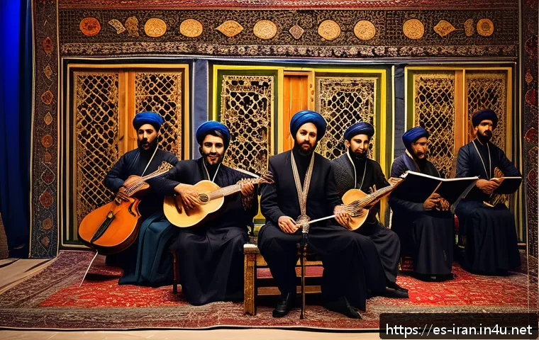 이란 전통 음악과 춤 - A captivating scene of an Iranian traditional music performance featuring musicians playing santur, ...