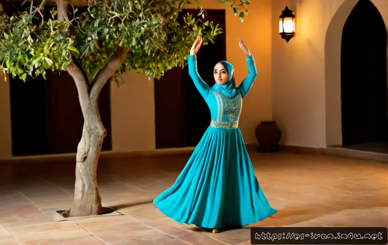 Home 17 이란 전통 춤의 종류 - Photorealistic cultural performance of a Persian classical dance, an adult woman in a modest long-sl...