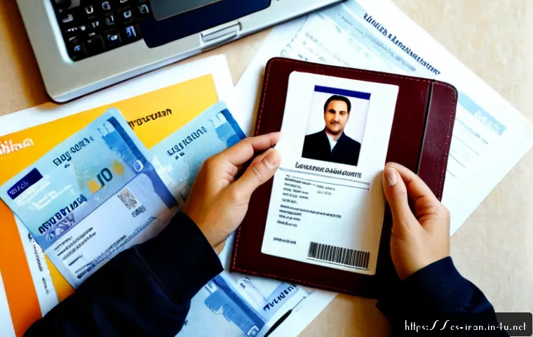 이란 비자 발급 조건 - Photorealistic overhead view of a Spanish traveler preparing an Iran visa application at a tidy home...